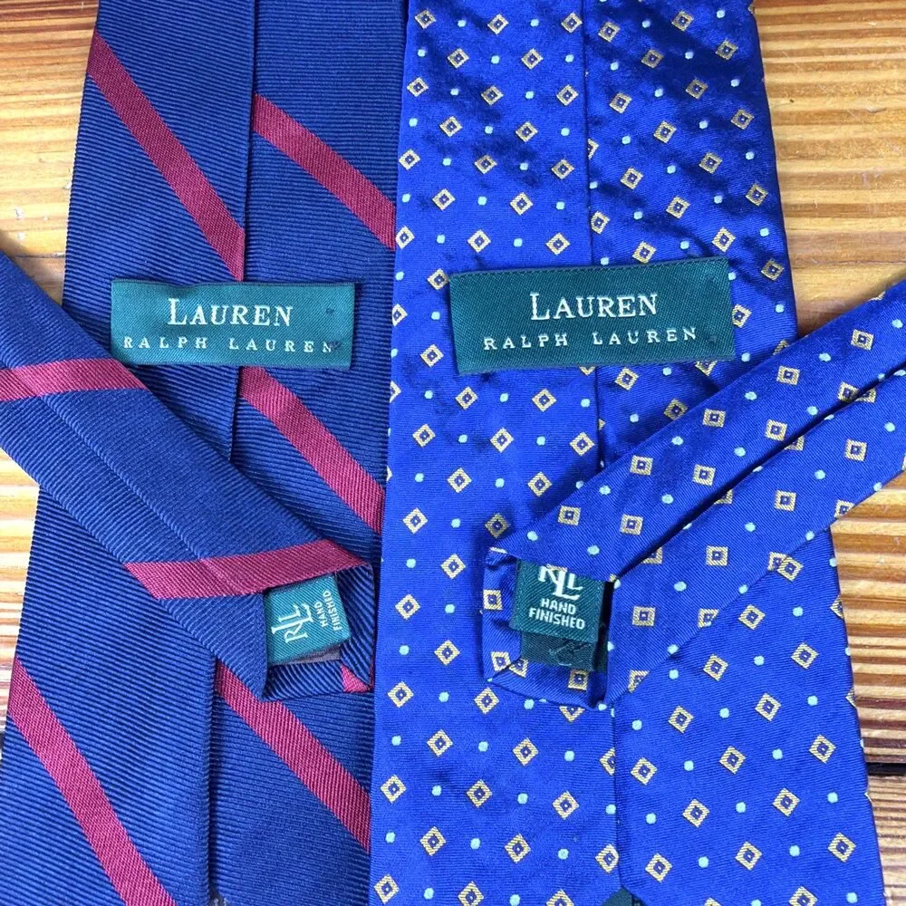 Lauren Ralph Lauren Green Label Men's Lot of 2 Neck Ties Blue Striped-Geometric